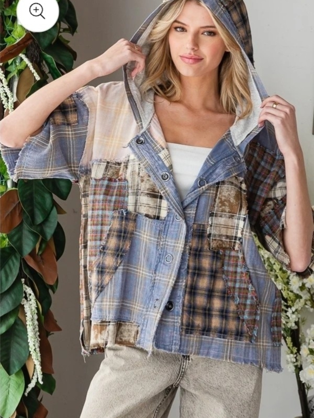 New!! Patchwork Plaid Hooded Jacket With Kangaroo Pockets, Sz Medium